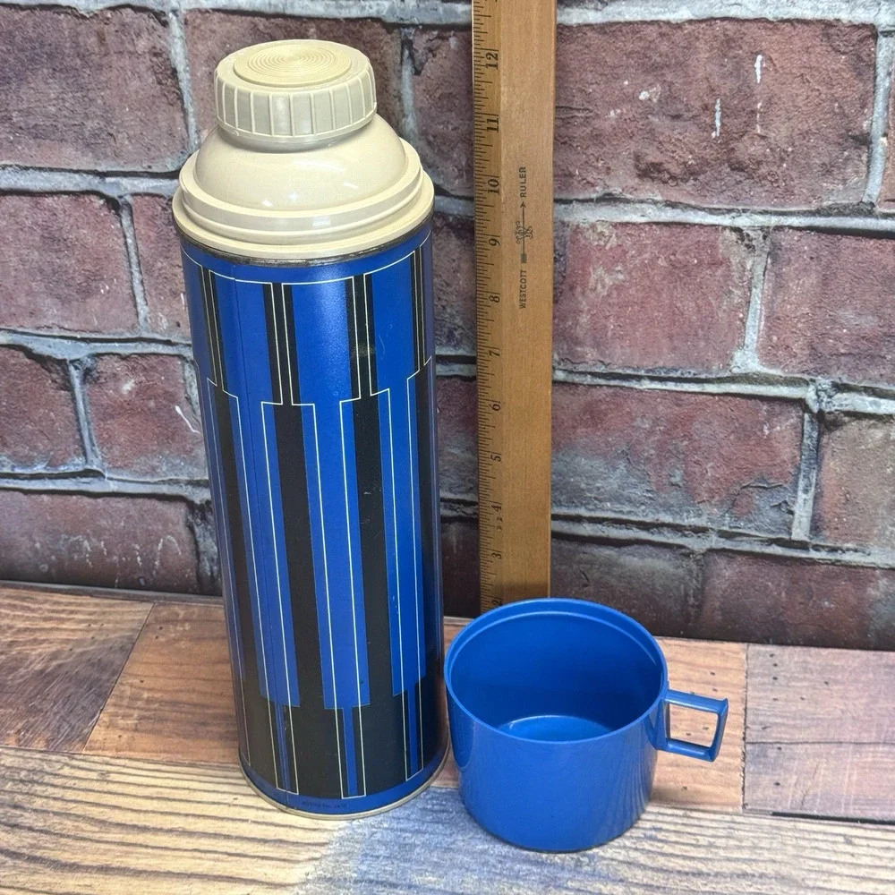 Vintage 70s King Seeley Thermos Blue and Black Hot Cold Vacuum‎ Bottle Cup PROP